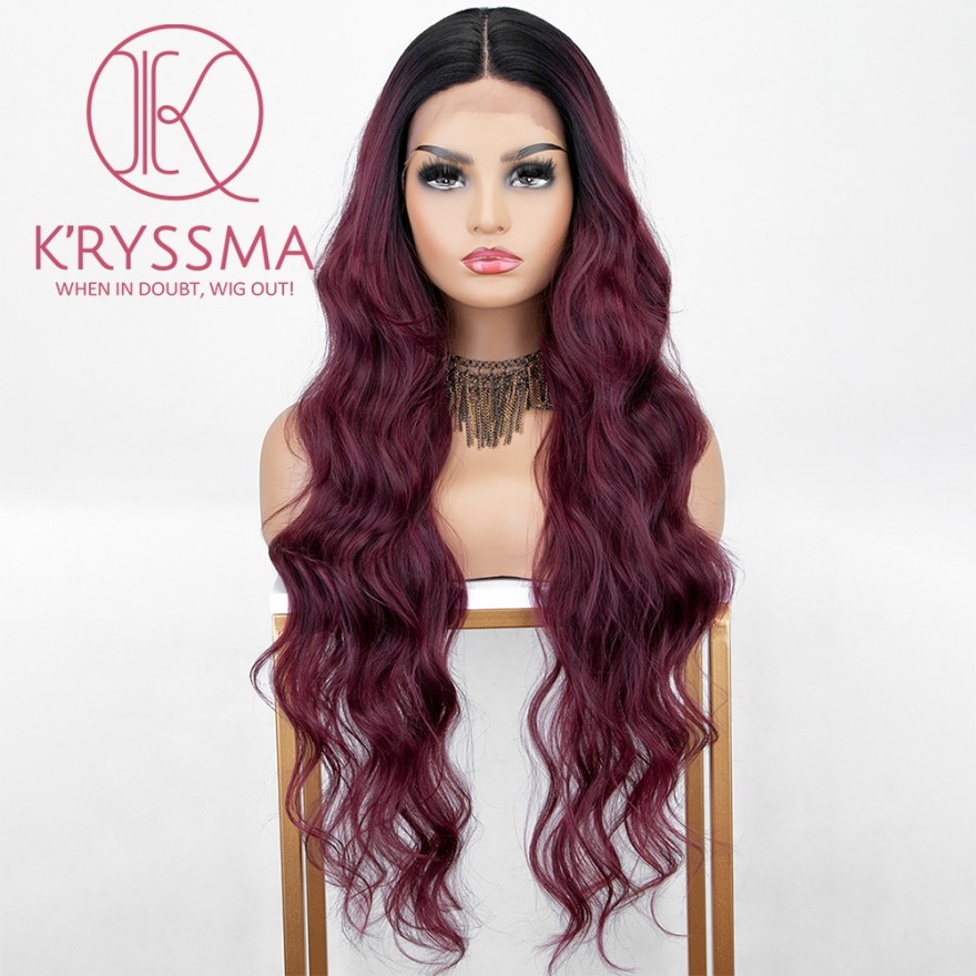 Ombre Purple Lace Front Wig With Dark Roots 99j Long Wavy Synthetic Wigs Glueless Heat Resistant Burgundy Ombre Wig