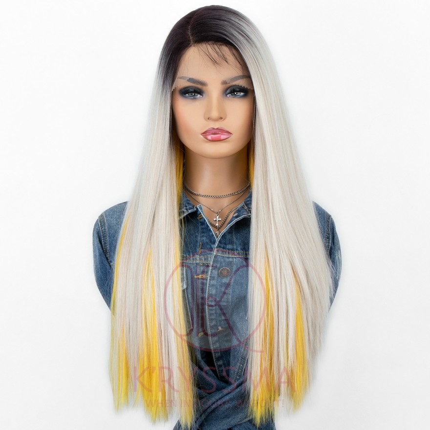 Special Style! Straight Ombre Platinum Blonde Wig Set. One Set includes One Lace Front and Two Hair Pieces with Buttons