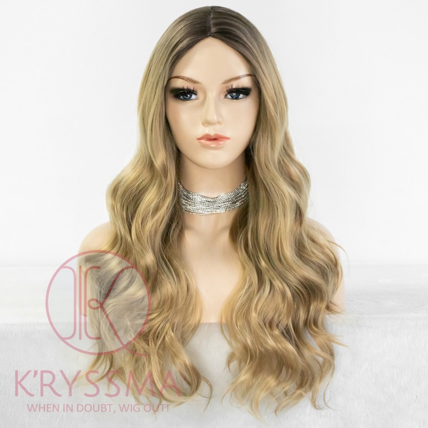 Ombre Ash Blonde None Lace Wig With Dark Roots Long Wavy Synthetic Wigs Glueless 2 Tones Blonde Wigs For Women Heat Resistant