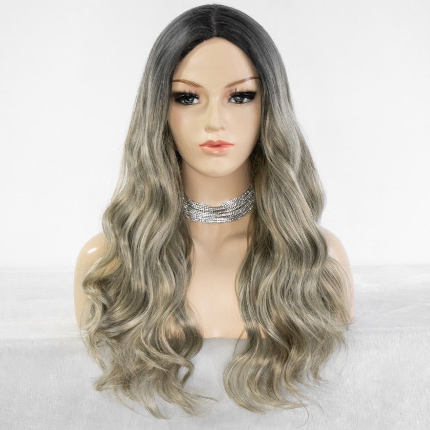 Ombre Blonde Wig with Dark Roots 18 inch Long Wavy Synthetic Non-Lace Wig