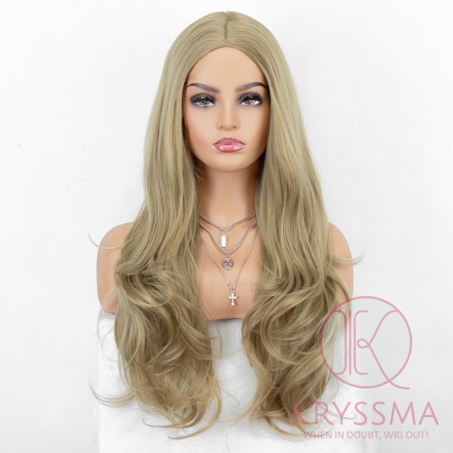 K'ryssma Long Wavy Ombre Blonde Wig Synthetic Wigs with Middle Parting for Women
