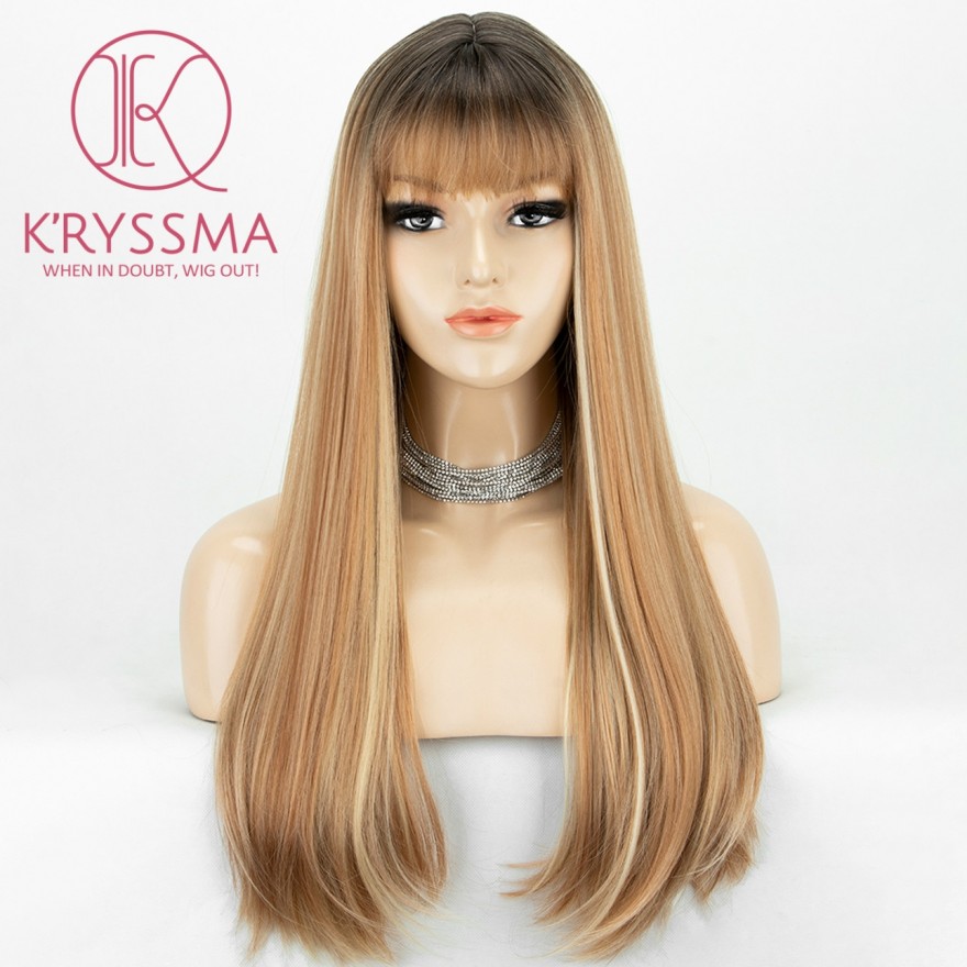 2 Tones Ombre Blonde Long Straight Synthetic None-Lace Wig 20 Inches