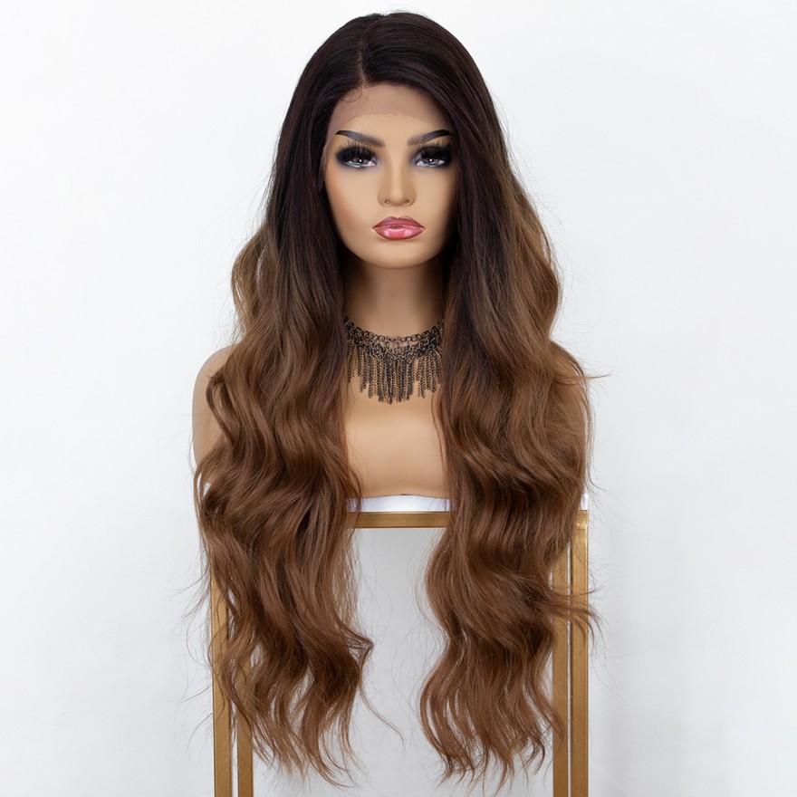 Brown Lace Front Wig Ombre L Part Synthetic Wig with Dark Roots Long Wavy Brown Ombre Wigs for Women Deep Side Parting