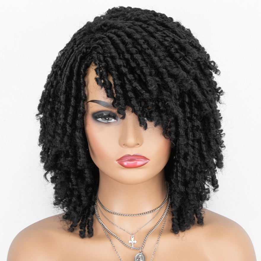 Dreadlock Twist Wigs for Black Women Braided Faux Locs Crochet Hair Wigs with Curly Ends Heat Resistant Afro Short Curly Daily Wigs 1b Color