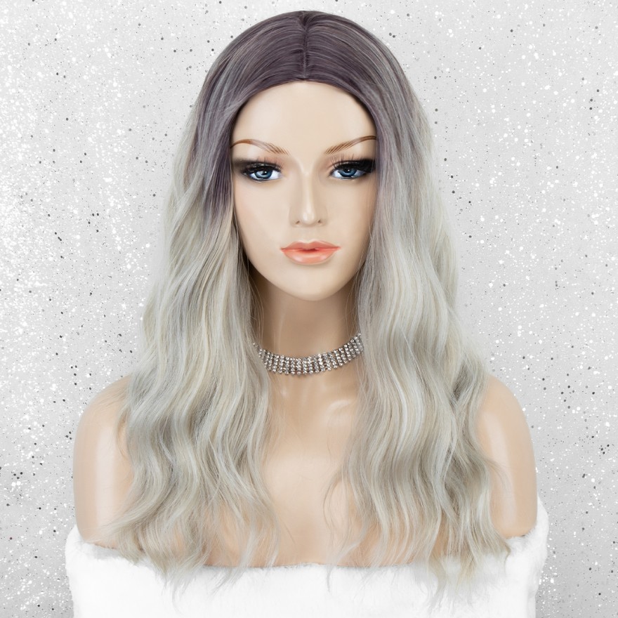 Ombre Ash Blonde Long Wavy Synthetic Wig Glueless Natural Looking with Dark Roots