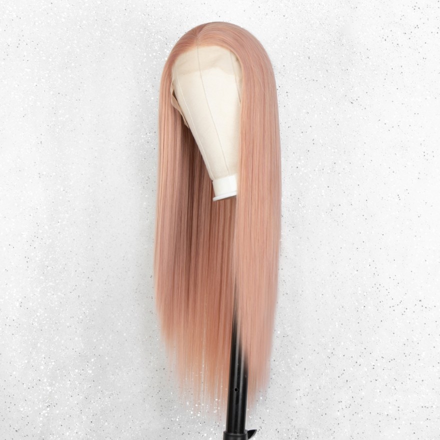 K'ryssma Rose Pink Lace Front Wig Long Straight Synthetic Wigs for Women Pink Wig Heat Resistant 22 Inches