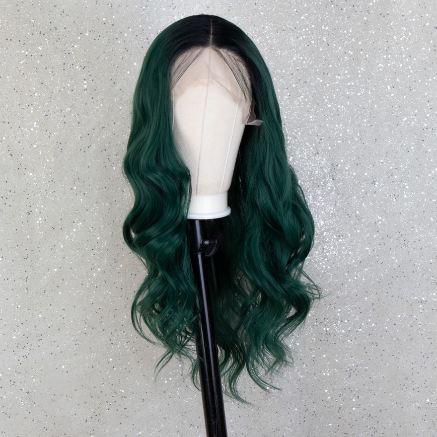 K'ryssma Dark Green Lace Front Wig T Part Synthetic Wig wtih 4 Inch Deep Parting Dark Green Wigs for Women