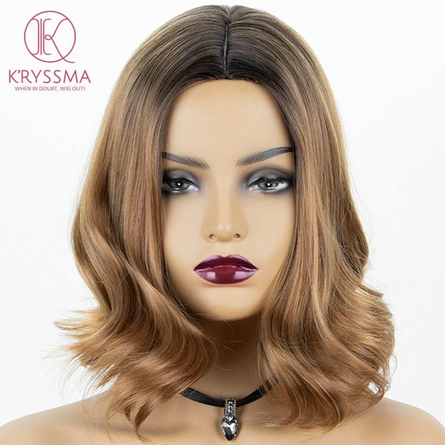 2 Tone Bob Wavy Brown None Lace Synthetic Wig Dark Roots 14 inches