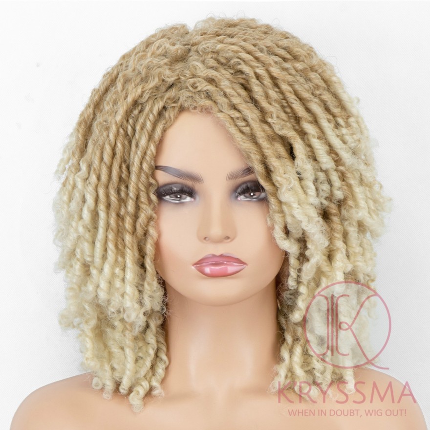 Dreadlock Twist Wigs for Black Women Braided Faux Locs Crochet Hair Wigs with Curly Ends Heat Resistant Afro Short Curly Daily Wigs Ombre Blonde Color