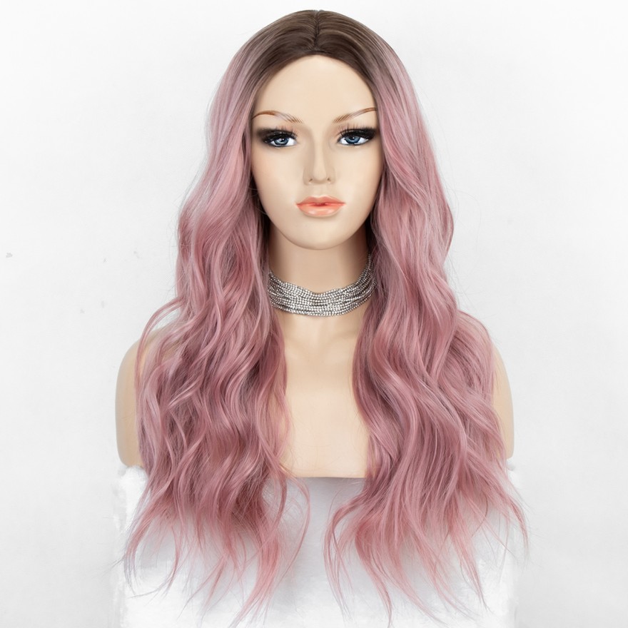 K'ryssma Ombre Pink Wig with Dark Roots Women Fashion Long Wavy Ombre Pink Synthetic Wig 22 inches