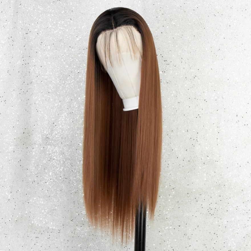 K'ryssma Ombre Brown Lace Front Wig Long Straight Synthetic Wigs for Women Chestnut Brown Wig with Black Roots
