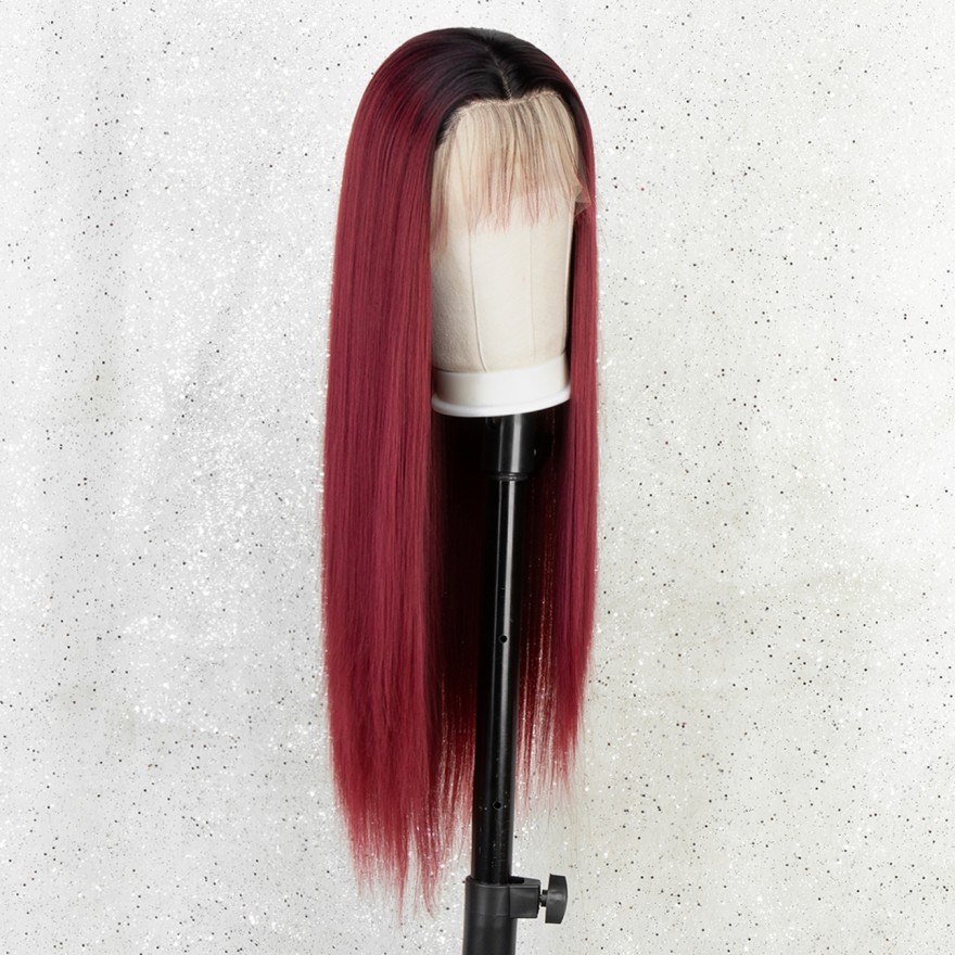 K'ryssma Ombre Red Lace Front Wig Long Straight Synthetic Wigs for Women Wine Red Wig with Black Roots