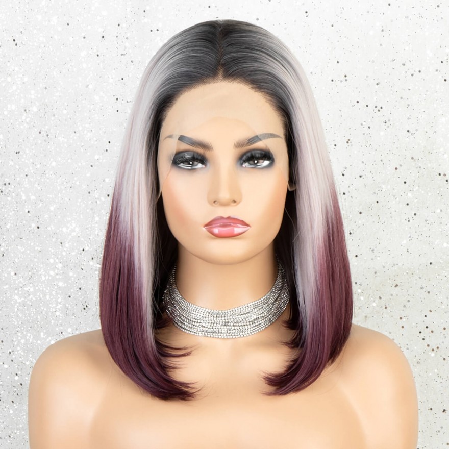 K'ryssma Ombre Dark Purple Synthetic Wig with Dark Roots Short Bob Wigs for Women 3 Tone Black to Baby Purple Bob Ombre Wig Heat Resistant