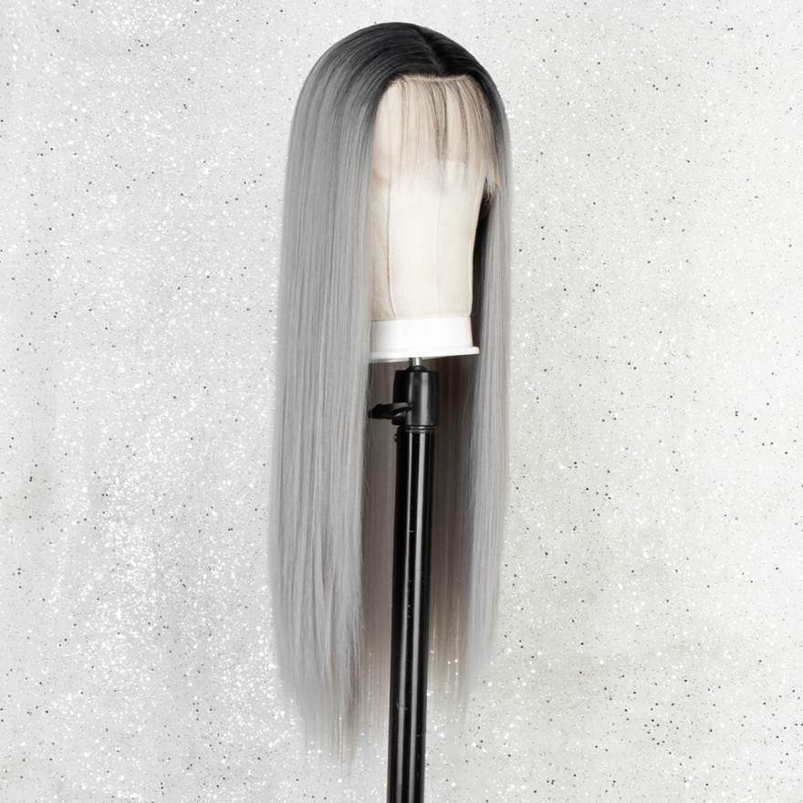 K'ryssma Ombre Grey Lace Front Wig Long Straight Synthetic Wigs for Women Grey Wig with Black Roots