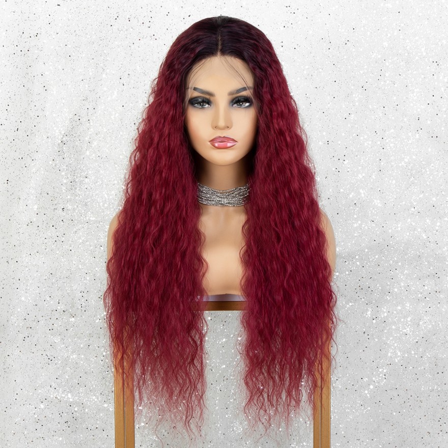 K'ryssma Ombre Red Lace Front Wig Long Curly Synthetic Wigs for Women Red Wig Heat Resistant 22 Inches