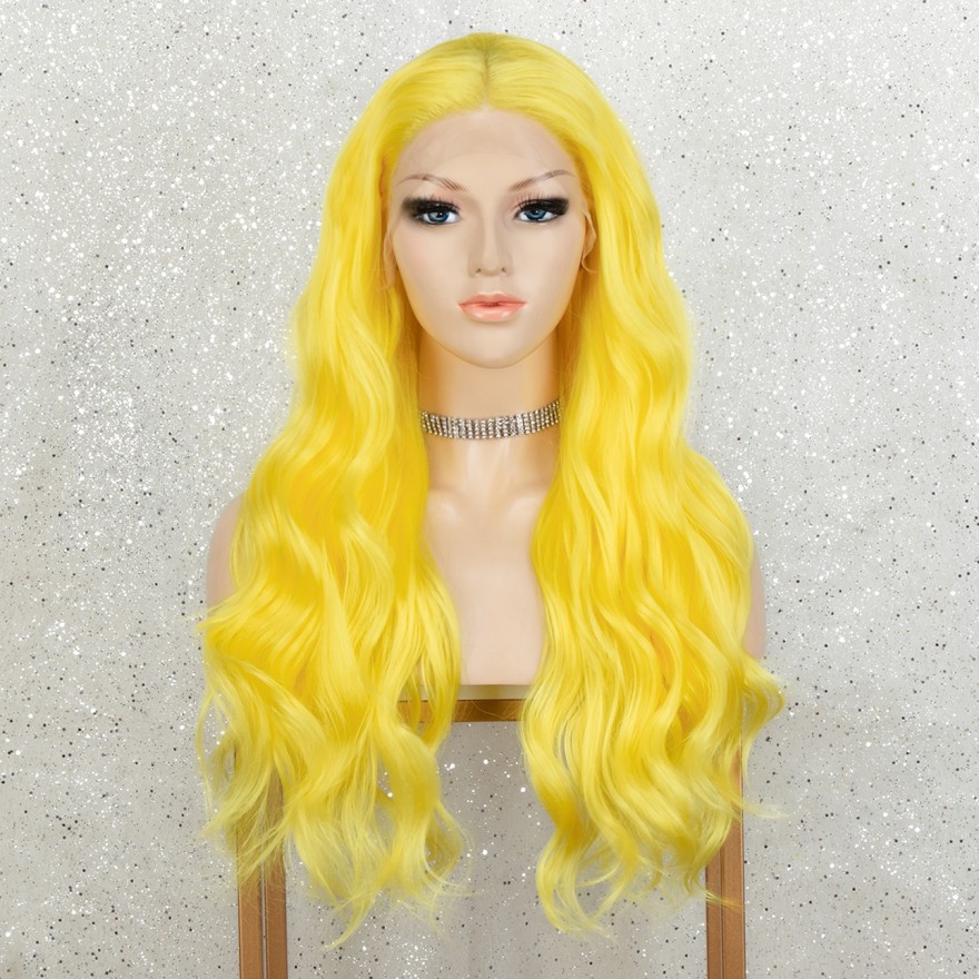 K'ryssma Yellow Lace Front Wig Long Synthetic Wigs for Women Wavy Yellow Wig for Halloween Cosplay