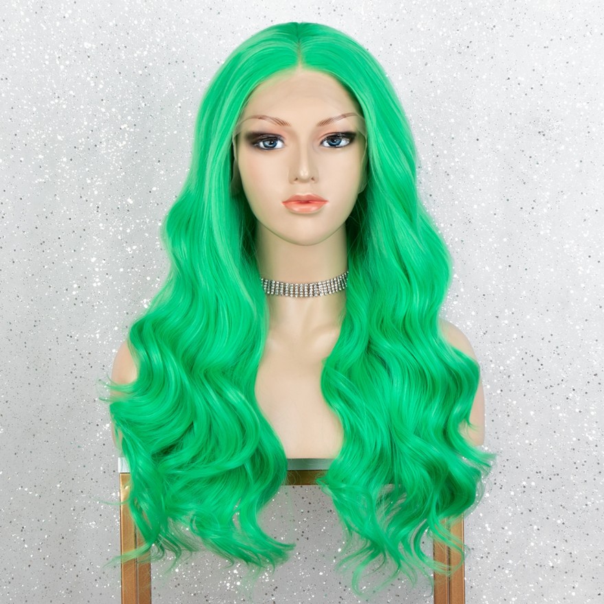 Green Lace Front Wigs Heat Resistant Natural Long Wavy Synthetic Hair Wig for Party Drag Queen Green Wig