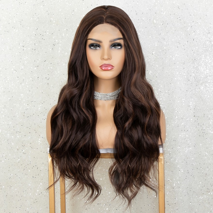 K'ryssma 1x4 Brown Lace Front Wig with Highlighted Blonde Hair T Part Synthetic Wigs for Women Long Wavy Brown Wigs