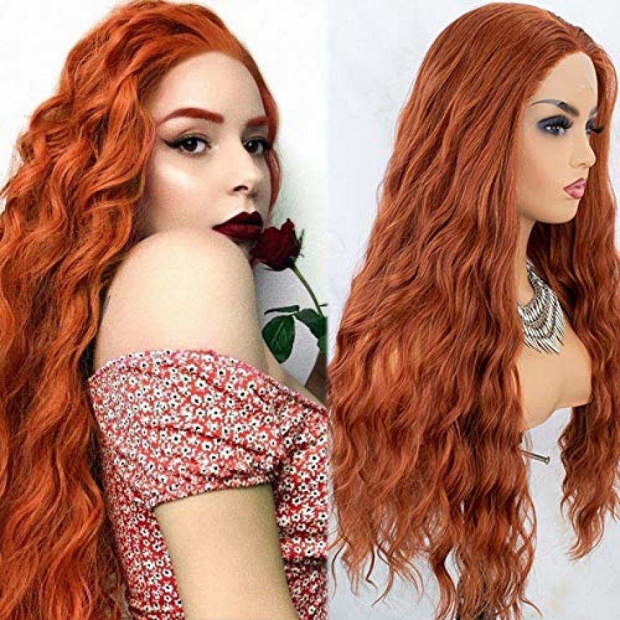 Copper Long Wavy Auburn Synthetic Lace Front Wig  22 inches
