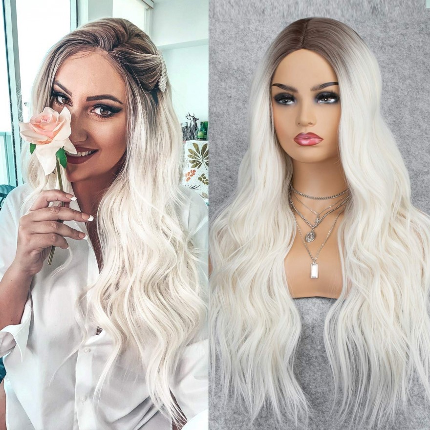  K'ryssma Platinum Blonde Wig with Dark Roots Wavy Long Ombre Wig Synthetic Long Wig for Women 22 Inches