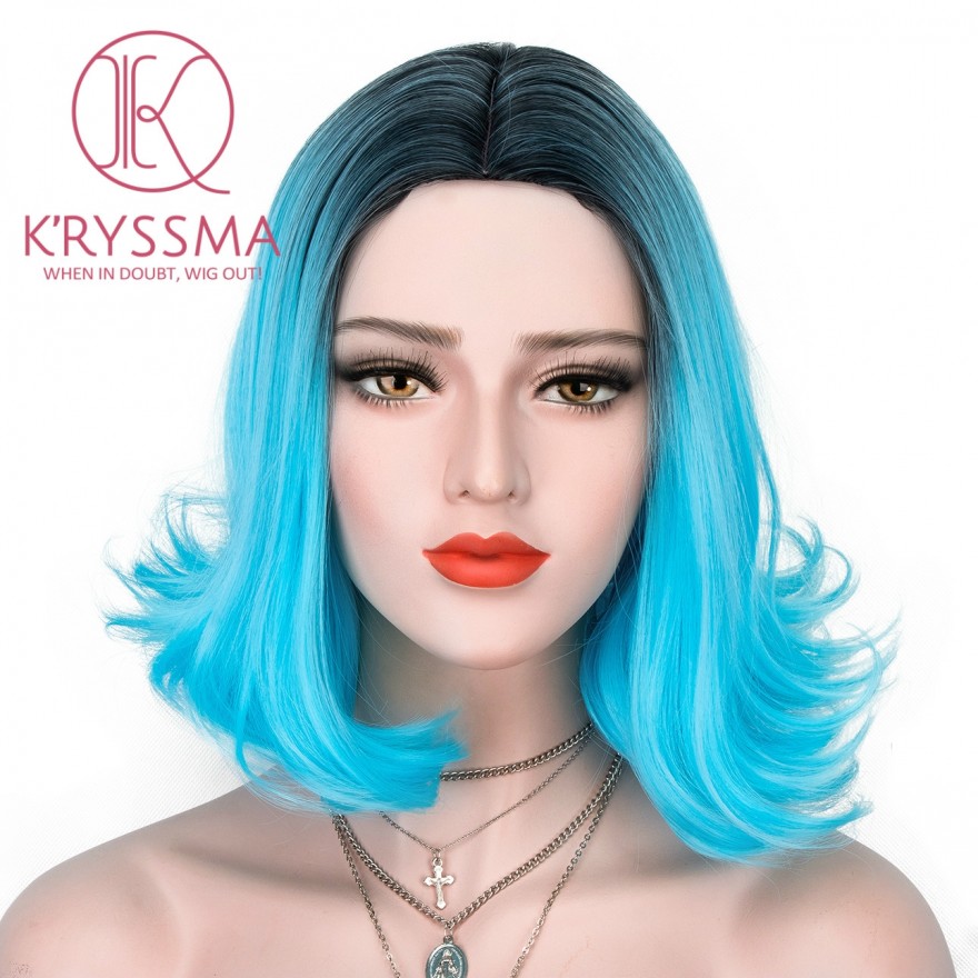 Blue Ombre Short Bob Synthetic None-Lace Wig with Dark Roots Heat Resistant