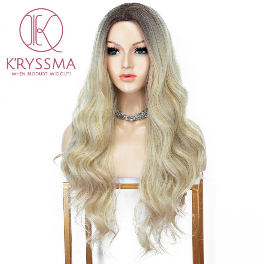 2 Tones Ombre Blonde Long Wavy Synthetic Wig with Dark Roots  Middle Part 22 Inches