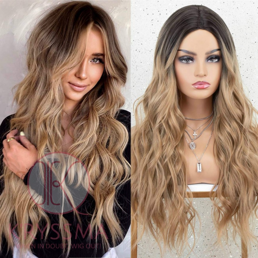Dirty Blonde Wig with Dark Roots Ombre Long Wavy Synthetic Wig for Women 22 inches