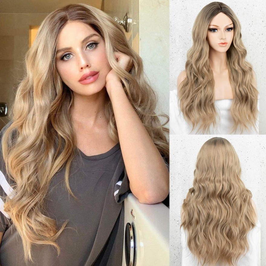 K'ryssma Ombre Blonde Wig Long Wavy Blonde Synthetic Wigs with Dark Roots Glueless Blonde Ombre Wig for Women Middle Parting 22 inches