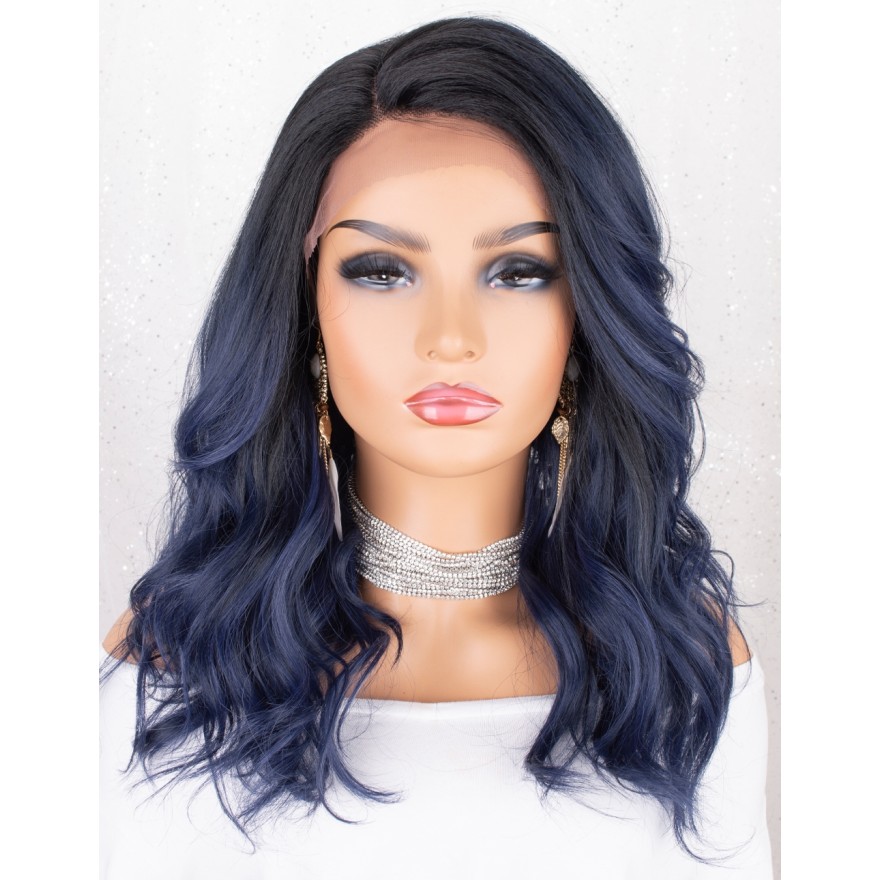 Blue Lace Front Wig Ombre with Black Roots Short Wavy Bob Synthetic Wig L Part Deep Side Parting Short Bob Wigs for Women