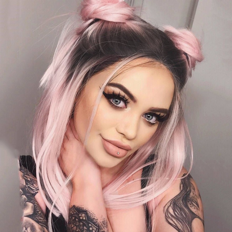 K'ryssma Ombre Pink Synthetic Wig with Dark Roots Short Bob Wigs for Women 2 Tone Black to Baby Pink Bob Ombre Wig Heat Resistant