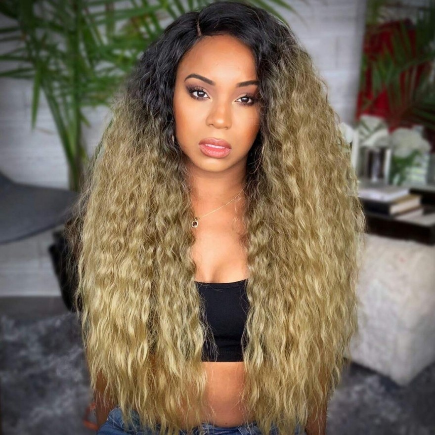 Ombre Blonde Wavy Curly Long Lace Front Wig 22 Inches