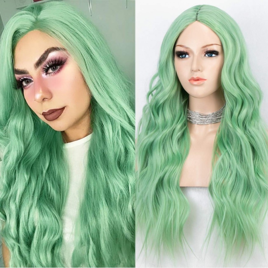 K'ryssma Mint Green Wig for Women Long Wavy Synthetic Wig Middle Part Heat Resistant Glueless Synthetic Green Wigs 22 inches