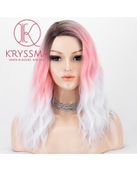 None Lace Synthetic Wigs Short Bob Wig Ombre Pink To White Dark Roots 3 Tones Wavy Pink Wig With Side Parting