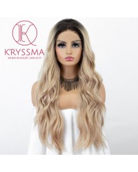 Ombre Blonde Lace Front Wig With Dark Roots Long Wavy Synthetic Wig