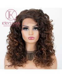 Brown Ombre Lace Front Wig With Dark Roots Medium Length Wavy Synthetic Wigs Mix Brown Wig For Women Heat Resistant