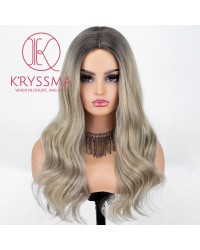 Ash Blonde None Lace Wig With Dark Roots Long Wavy Synthetic Wig 18 Inches Middle Parting Ombre Blonde Wigs For Women Heat Resistant