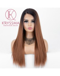 Ombre Brown Lace Front Wig With Dark Roots Straight Long Synthetic Wig Glueless Heat Resistant Wigs For Women