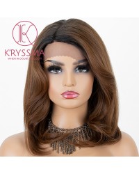 Ombre Brown Lace Front Wig With Dark Roots Short Wavy Synthetic Wigs For Women Heat Resistant