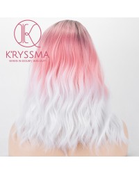 None Lace Synthetic Wigs Short Bob Wig Ombre Pink To White Dark Roots 3 Tones Wavy Pink Wig With Side Parting
