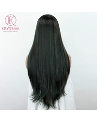 28 Inches Mixed Green lace front wigs Ombre Dark Roots Medium Length L Part Straight Synthetic Wigs Mixed Color Side Deep Parting