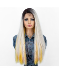 Special Style! Straight Ombre Platinum Blonde Wig Set. One Set includes One Lace Front and Two Hair Pieces with Buttons