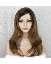 Ombre Ashy Brown Long Wavy Synthetic Wig Glueless Natural Looking with Side Bangs & Dark Roots