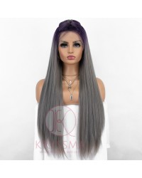 SPECIAL PARTING WIG Ombre Grey Long Straight Synthetic Lace Front Wig with Purple Roots