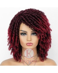 Dreadlock Twist Wigs for Black Women Braided Faux Locs Crochet Hair Wigs with Curly Ends Heat Resistant Afro Short Curly Daily Wigs Burgundy Color