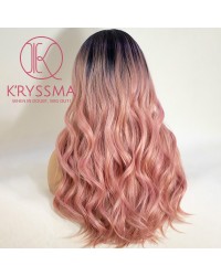 Pink Lace Front Wig Ombre with Dark Roots T Part Medium Length Wavy Synthetic Wigs
