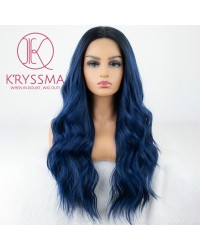 Dark Blue Long Wavy Synthetic Lace Front Wigs with Dark Roots 22 inches