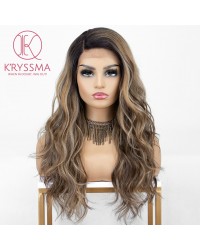 Ombre Brown Lace Front Wigs with Highlights 18 inches Long Wavy Synthetic Wig Deep Side Parting Brown Ombre Wig with Dark Roots