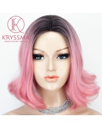 New Ombre Pink Short Bob Synthetic Wig with Dark Roots Heat Resistant