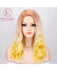 Colorful Ombre 3 Tones Orange to White to Yellow Short Bob Wavy None-Lace Wig