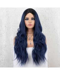 K'ryssma Ombre Blue Synthetic Wig with Black Roots Middle Parting Long Wavy Ombre Blue Wig Full Machine Made 22 inches